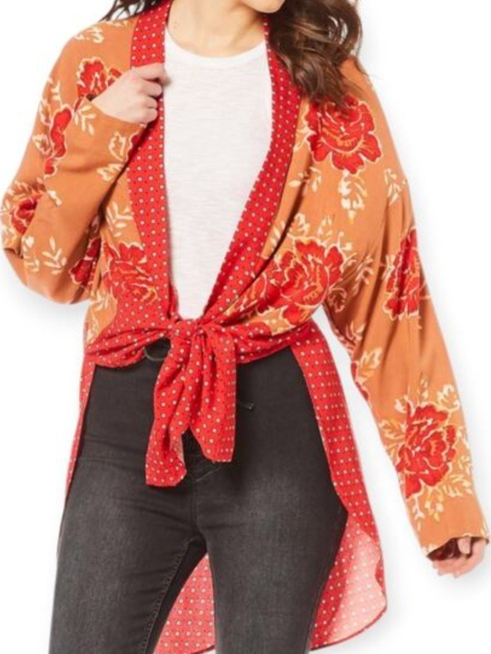Free People Mixed Floral Patchwork Open Kimono — Red, Brown, Pink